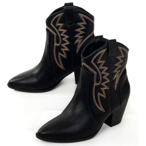 NEW Black Pointy Toe Block Heel Western Stitch Embroidery PU Leather Ankle Boots - Picture 9 of 10